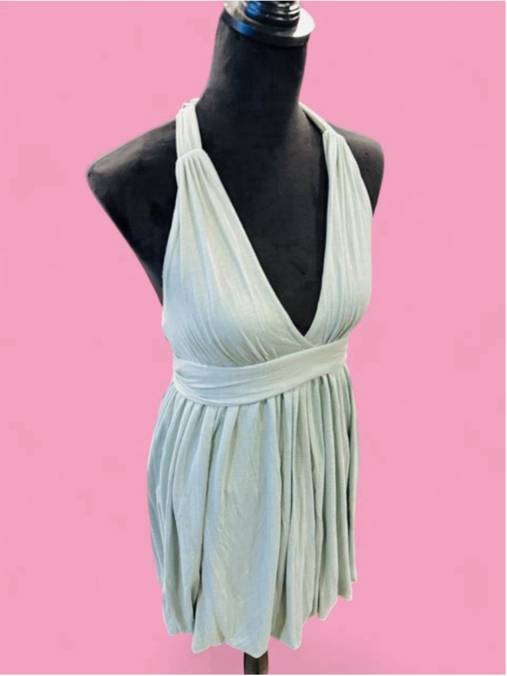 BCBG Max Azria Sage Green Silk Rayon Halter Dress S Tie Back Flowy Wedding Guest